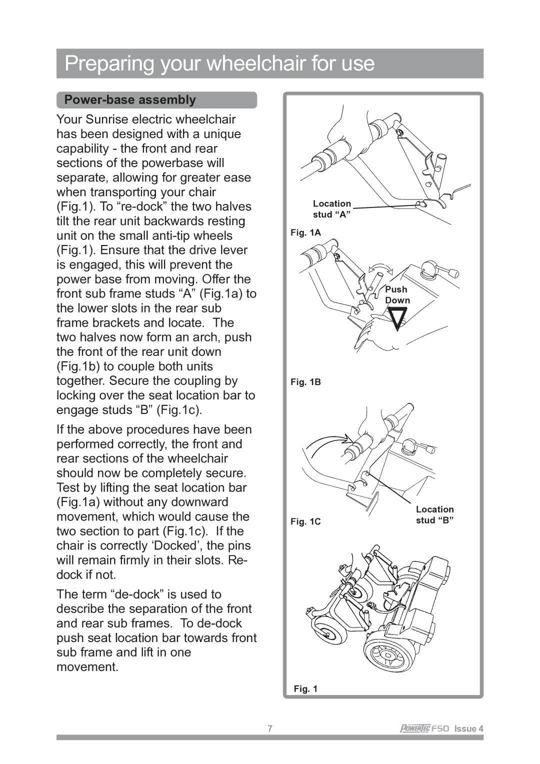 Sunrise Medical F50 owner manual Preparing your wheelchair for use, Power-base assembly 