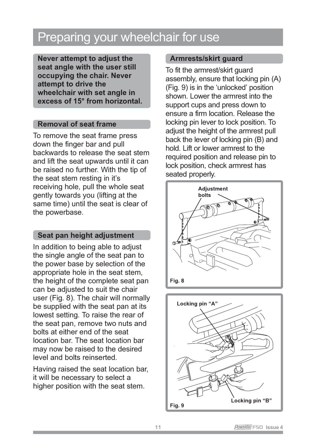 Sunrise Medical F50 owner manual Removal of seat frame, Seat pan height adjustment, Armrests/skirt guard 