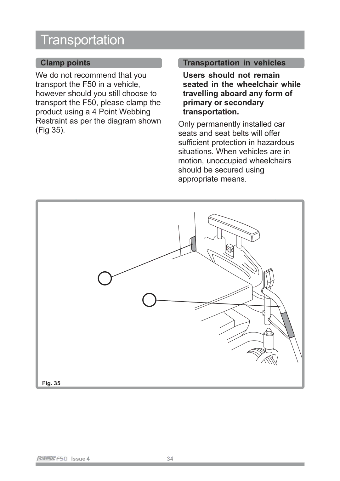 Sunrise Medical F50 owner manual Transportation, Clamp points 