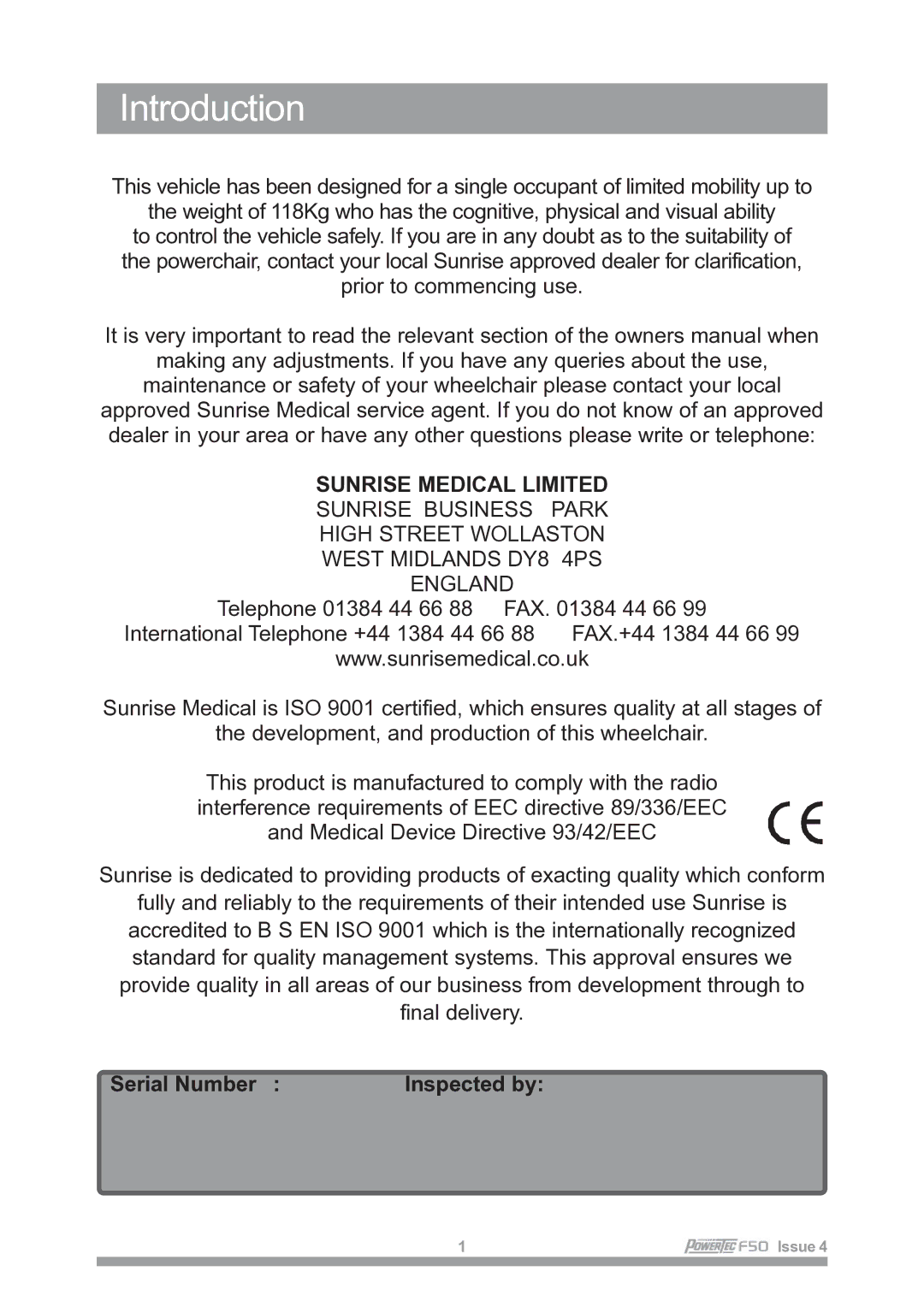 Sunrise Medical F50 owner manual Introduction, Serial Number 