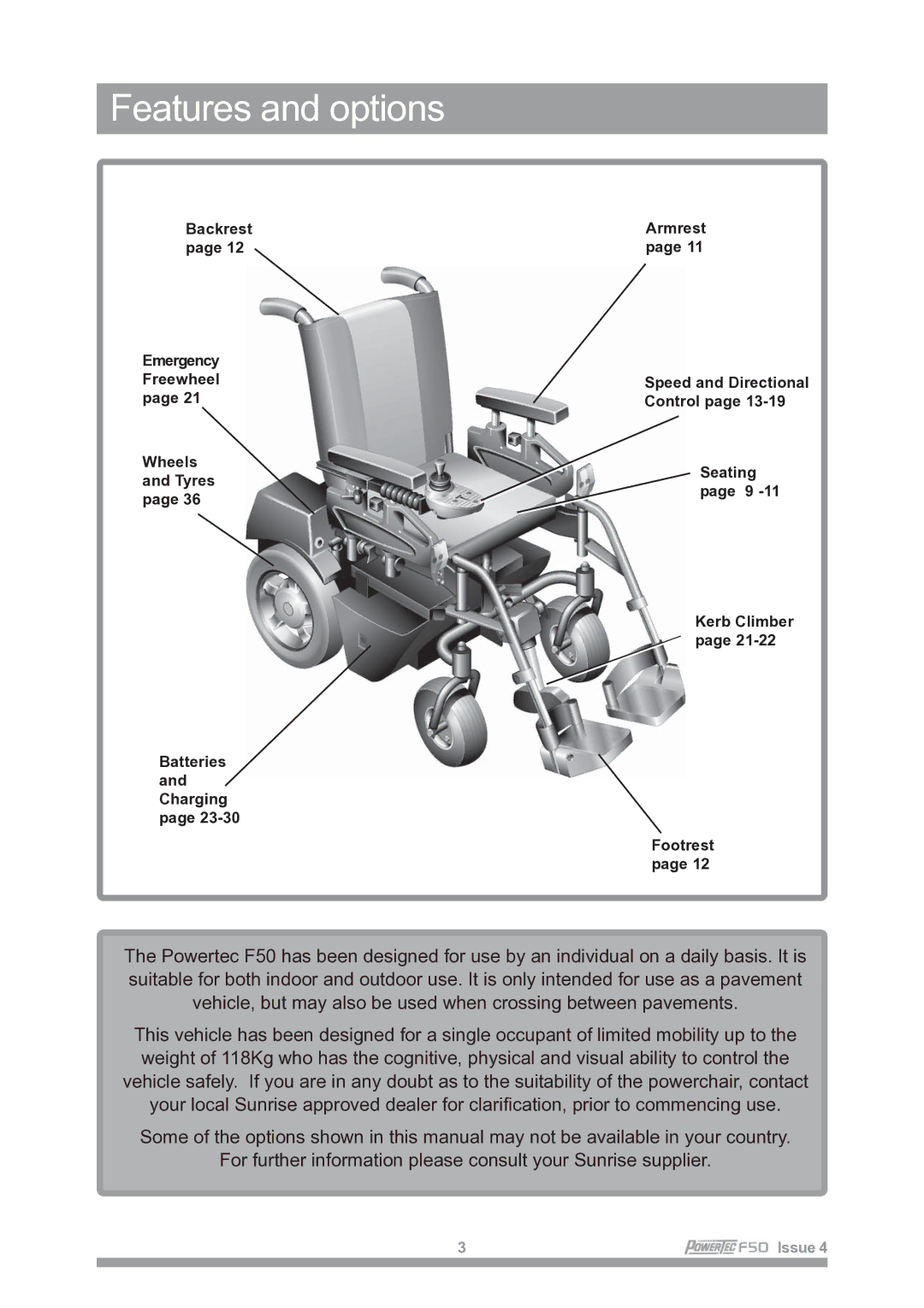 Sunrise Medical F50 owner manual Features and options 