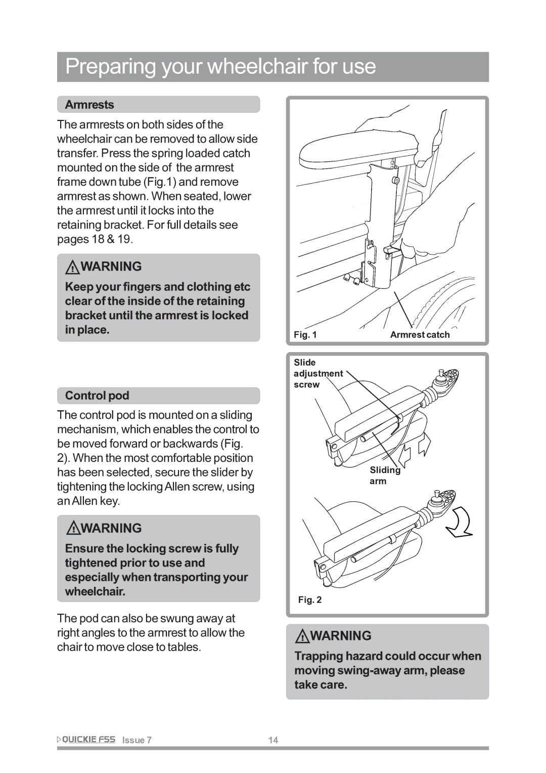 Sunrise Medical F55 owner manual Preparing your wheelchair for use, Armrests 