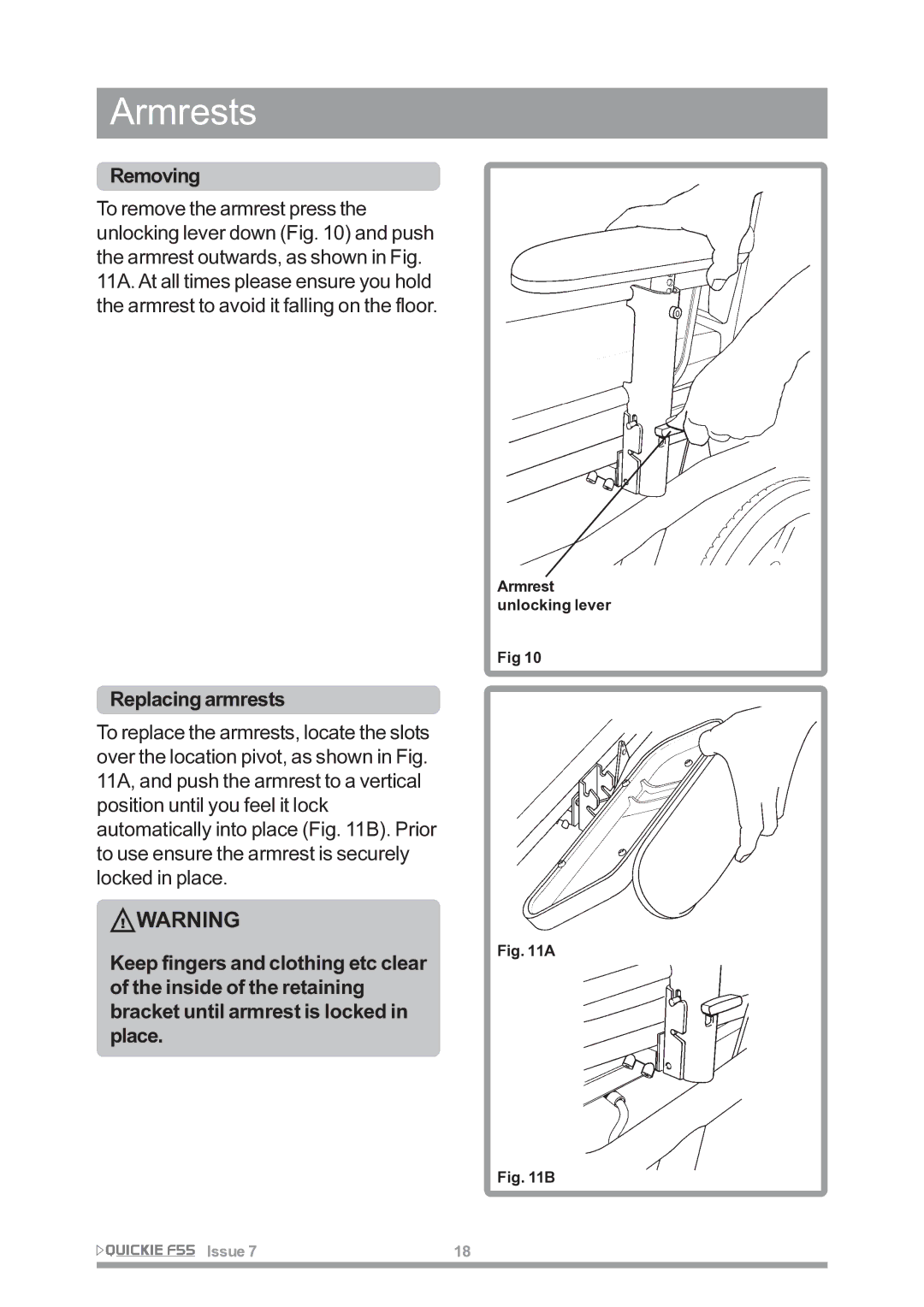 Sunrise Medical F55 owner manual Armrests, Removing, Replacing armrests 