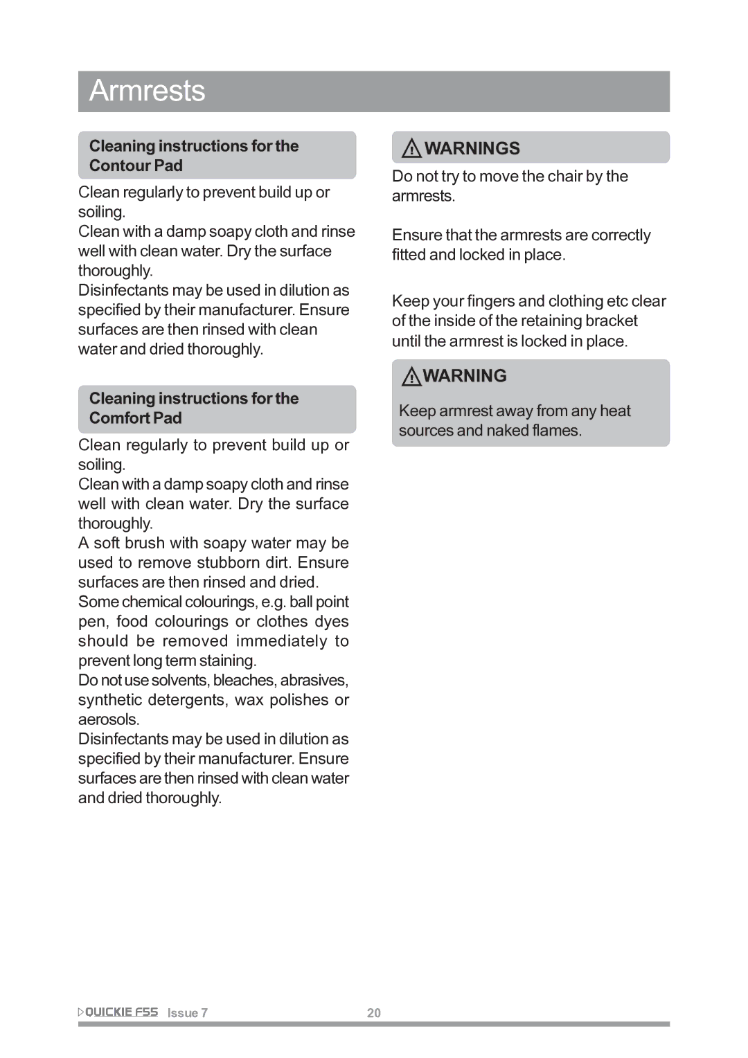 Sunrise Medical F55 owner manual Cleaning instructions for the Contour Pad, Cleaning instructions for the Comfort Pad 