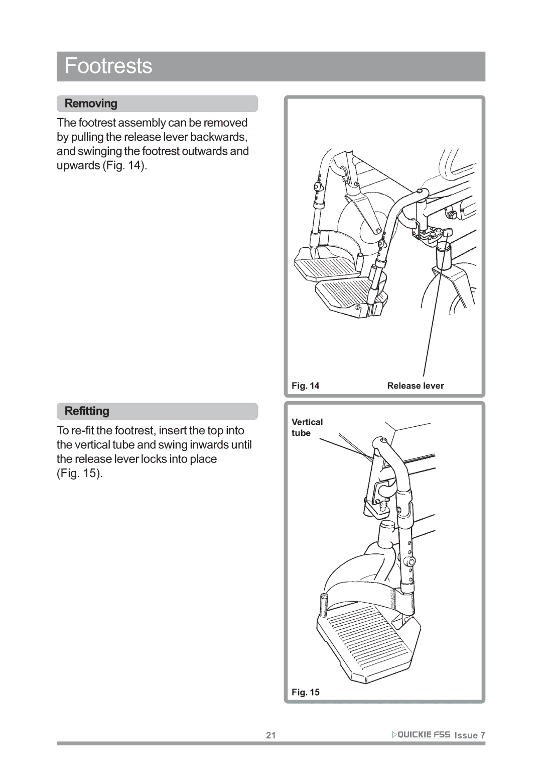 Sunrise Medical F55 owner manual Footrests, Refitting 