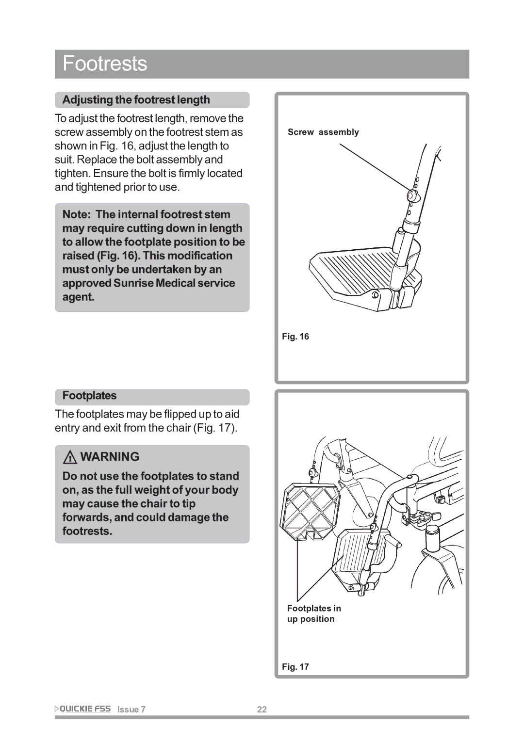 Sunrise Medical F55 owner manual Adjusting the footrest length, Footplates 