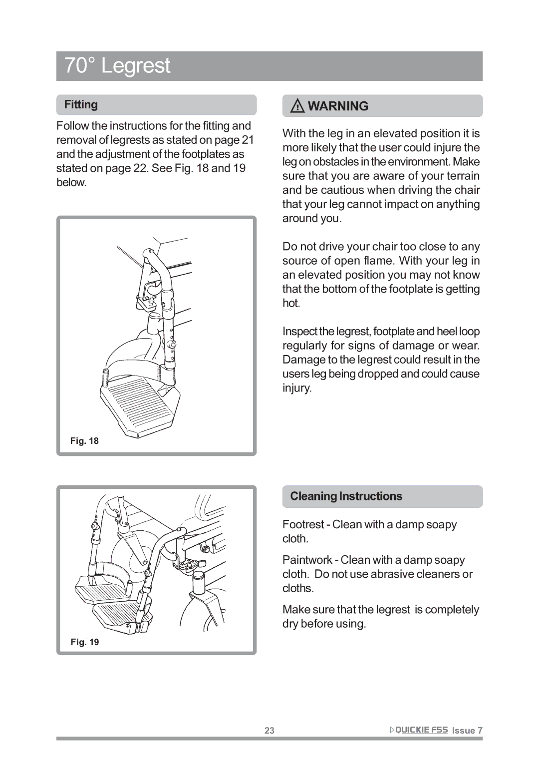 Sunrise Medical F55 owner manual Legrest, Fitting, Cleaning Instructions 