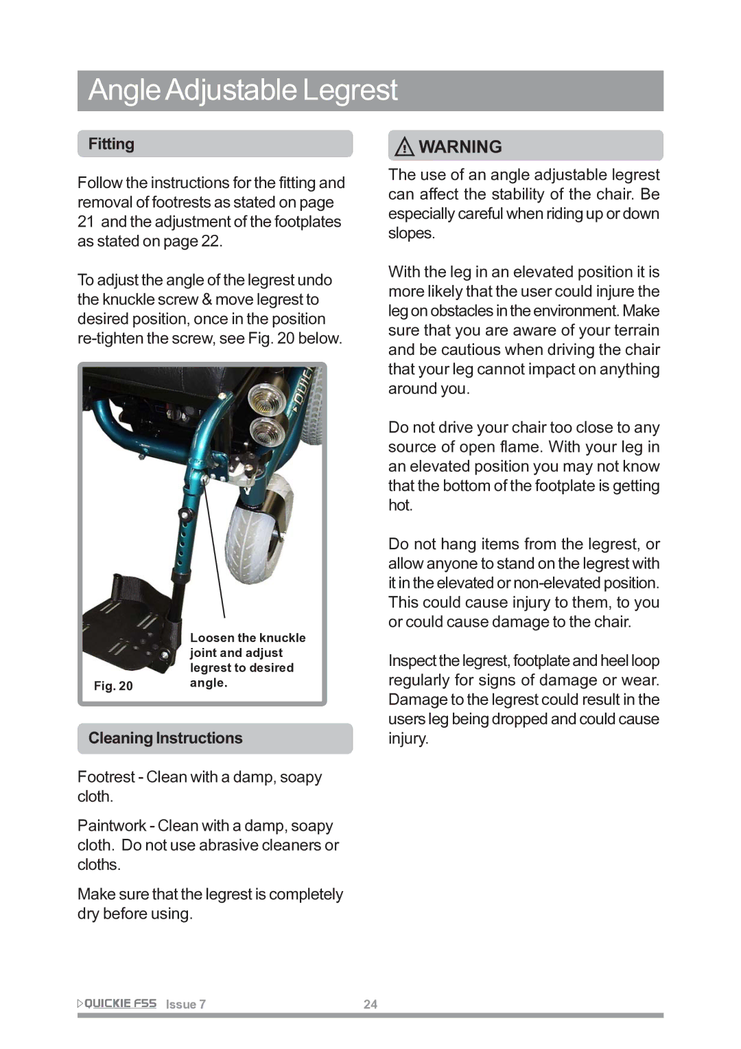 Sunrise Medical F55 owner manual Angle Adjustable Legrest 