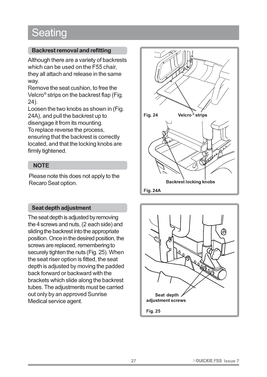 Sunrise Medical F55 owner manual Seating, Backrest removal and refitting, Seat depth adjustment 