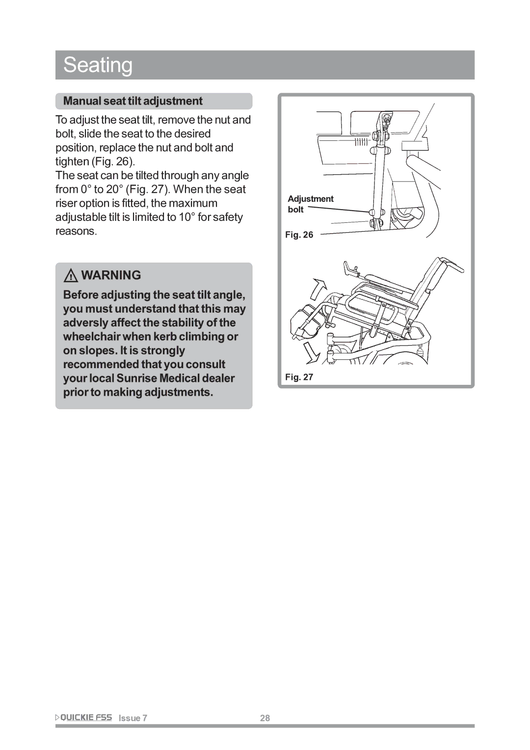 Sunrise Medical F55 owner manual Manual seat tilt adjustment 