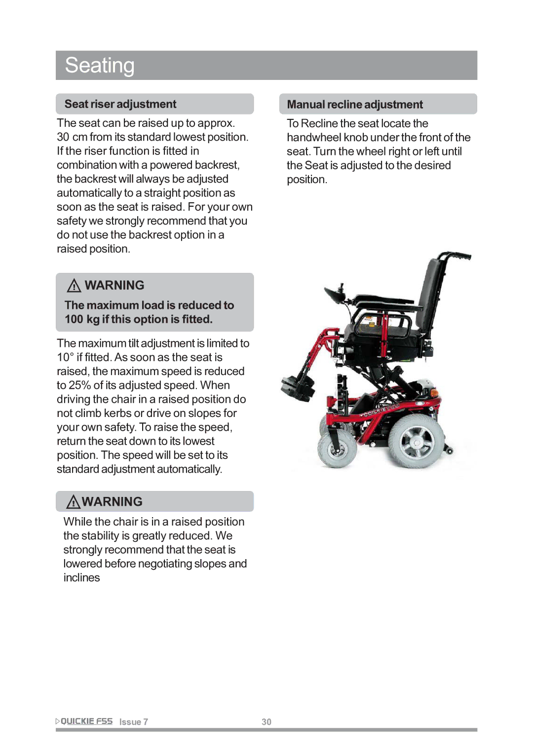 Sunrise Medical F55 owner manual Seat riser adjustment, Maximum load is reduced to 100 kg if this option is fitted 