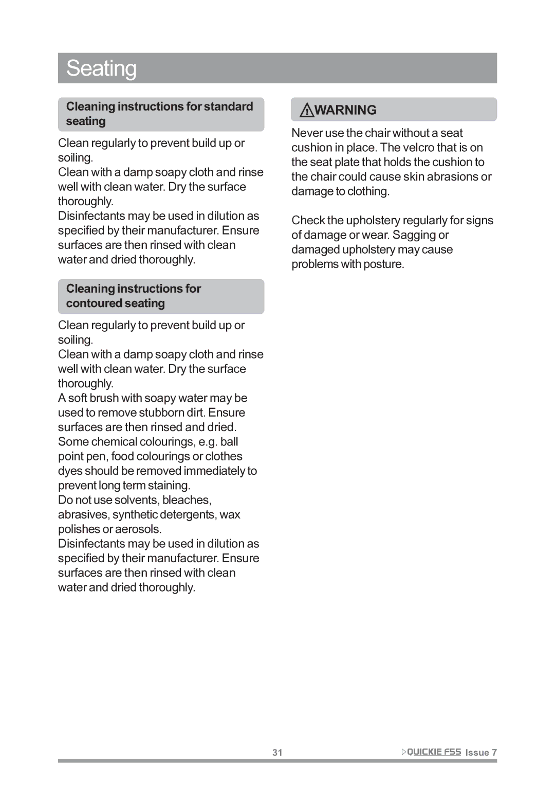 Sunrise Medical F55 owner manual Cleaning instructions for standard seating, Cleaning instructions for contoured seating 