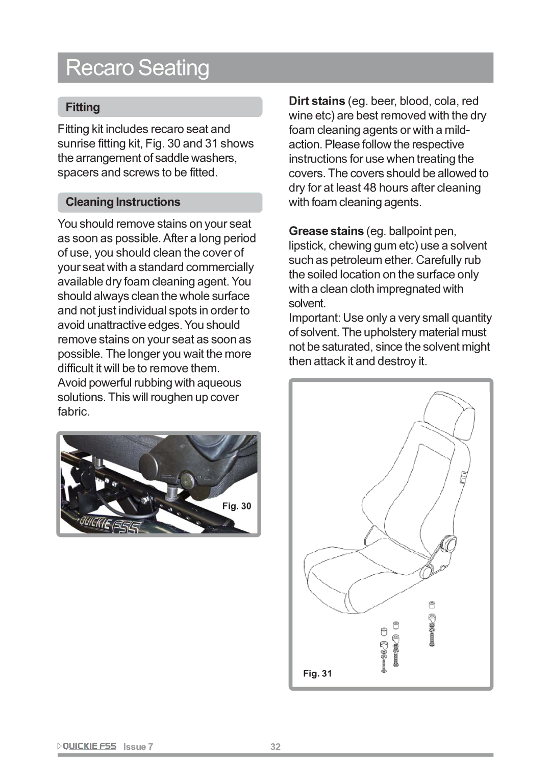 Sunrise Medical F55 owner manual Recaro Seating, Fitting 