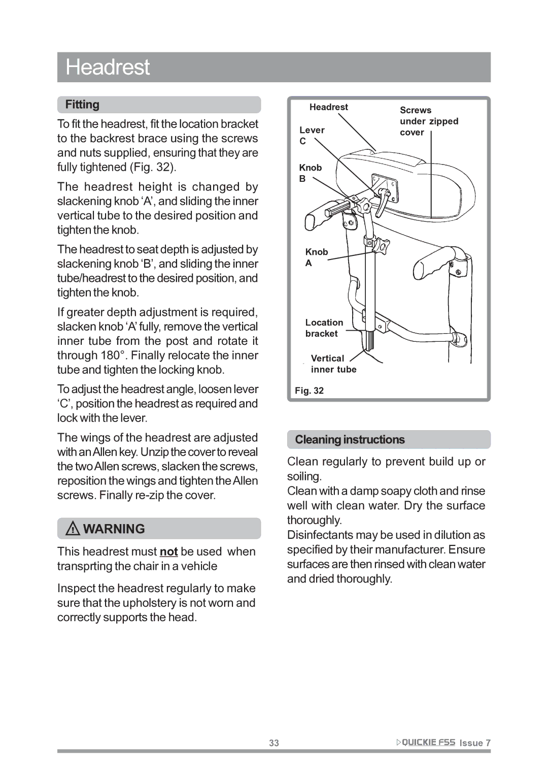 Sunrise Medical F55 owner manual Headrest 