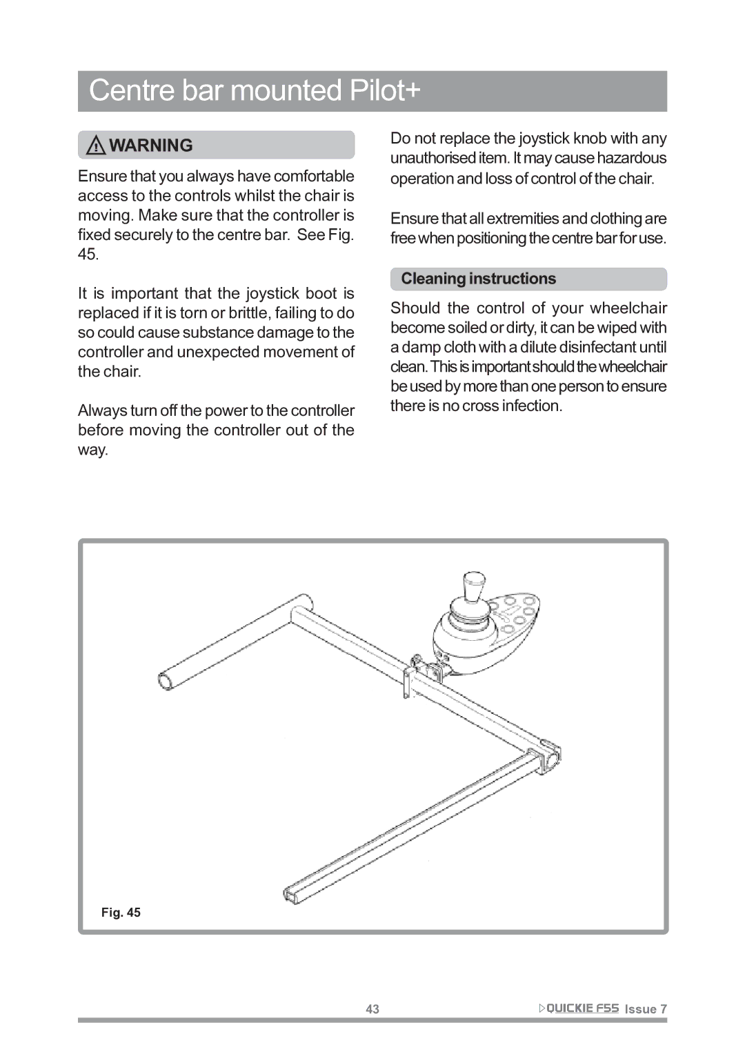 Sunrise Medical F55 owner manual Centre bar mounted Pilot+ 