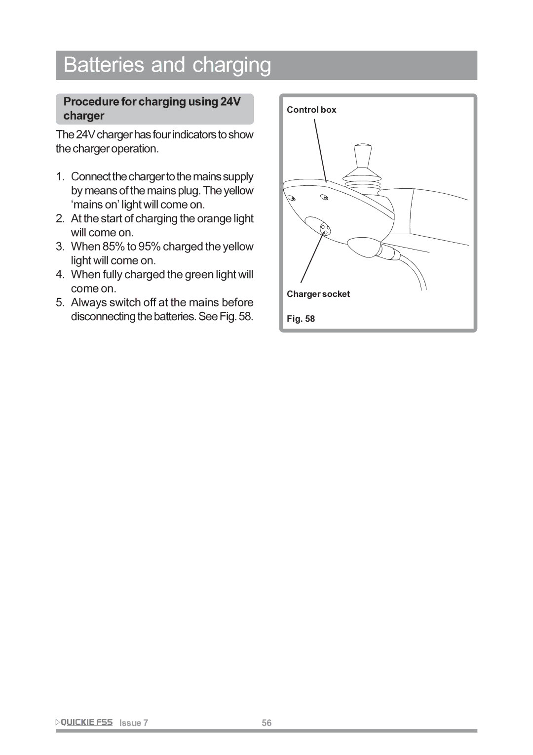 Sunrise Medical F55 owner manual Procedure for charging using 24V charger 