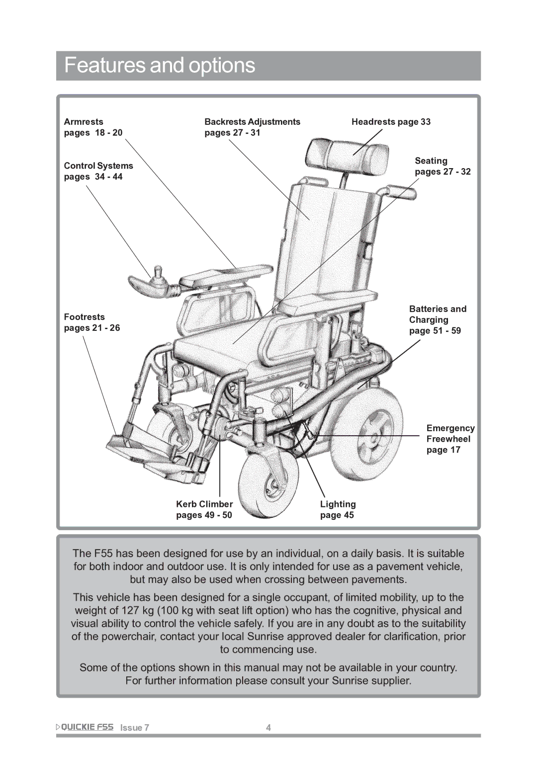 Sunrise Medical F55 owner manual Features and options 