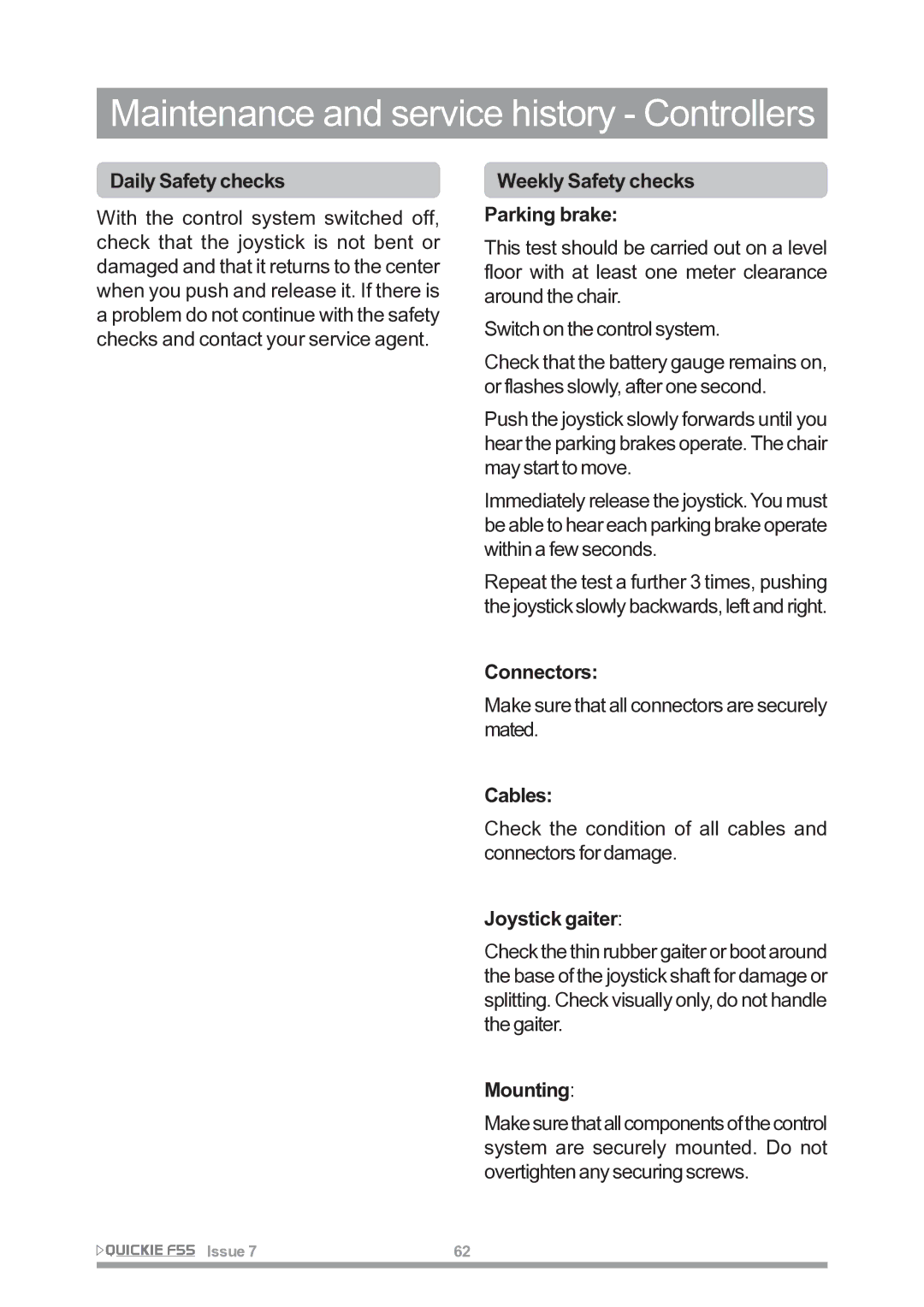 Sunrise Medical F55 owner manual Maintenance and service history Controllers 