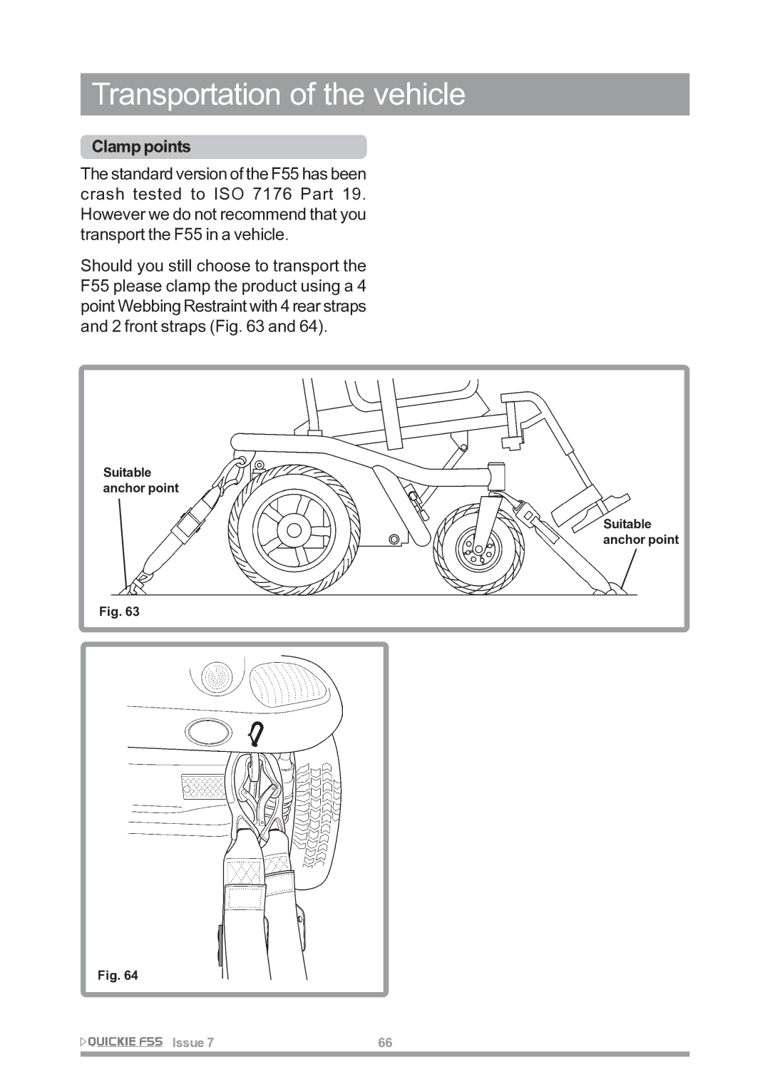 Sunrise Medical F55 owner manual Transportation of the vehicle, Clamp points 