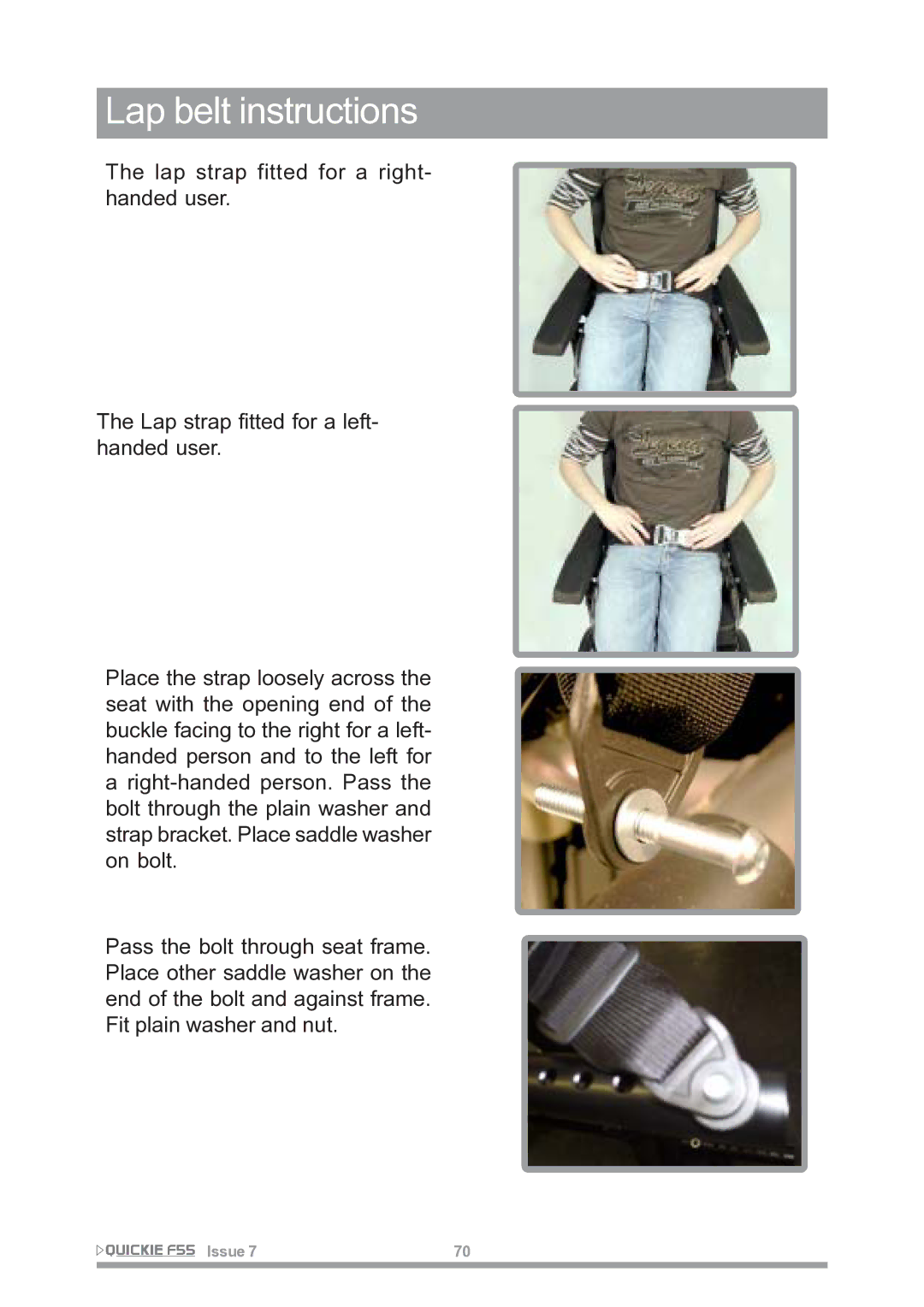 Sunrise Medical F55 owner manual Lap belt instructions 