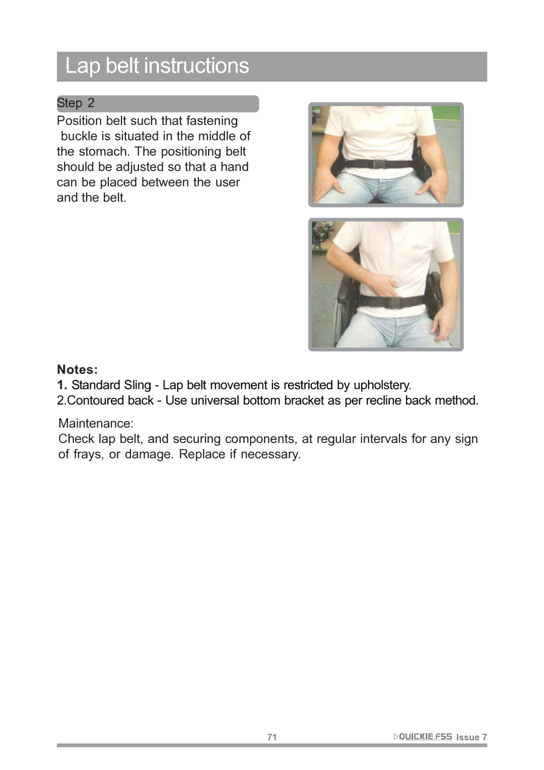 Sunrise Medical F55 owner manual Lap belt instructions 