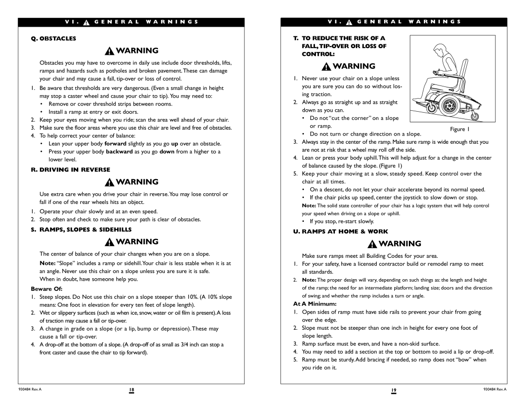 Sunrise Medical G-424 instruction manual Obstacles, Driving in Reverse, RAMPS, Slopes & Sidehills, Ramps AT Home & Work 