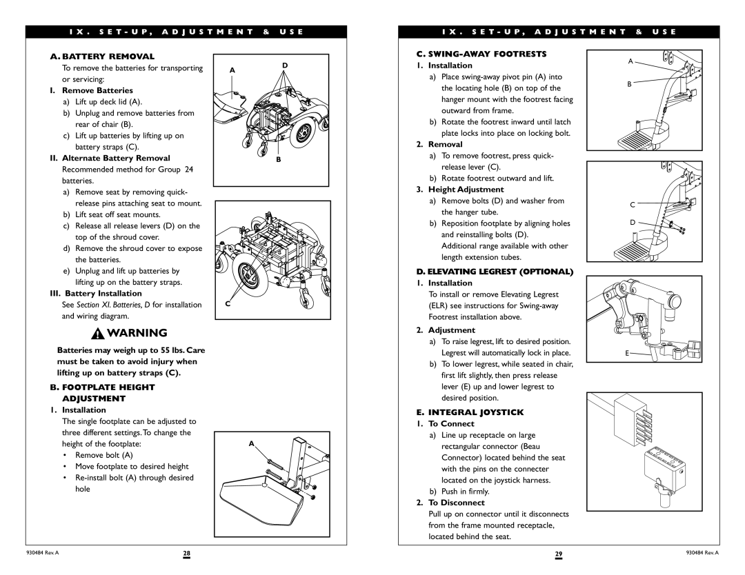 Sunrise Medical G-424 Battery Removal, SWING-AWAY Footrests, Elevating Legrest Optional, Footplate Height Adjustment 