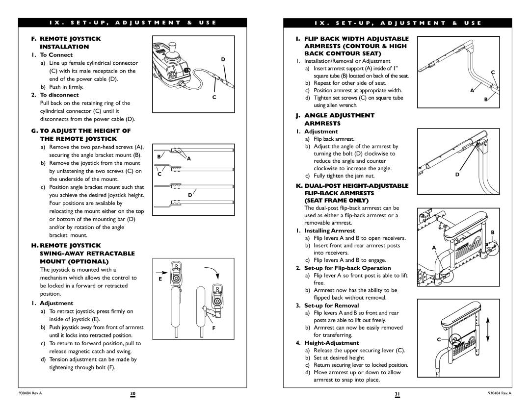 Sunrise Medical G-424 Remote Joystick Installation, To Adjust the Height of the Remote Joystick, Angle Adjustment Armrests 