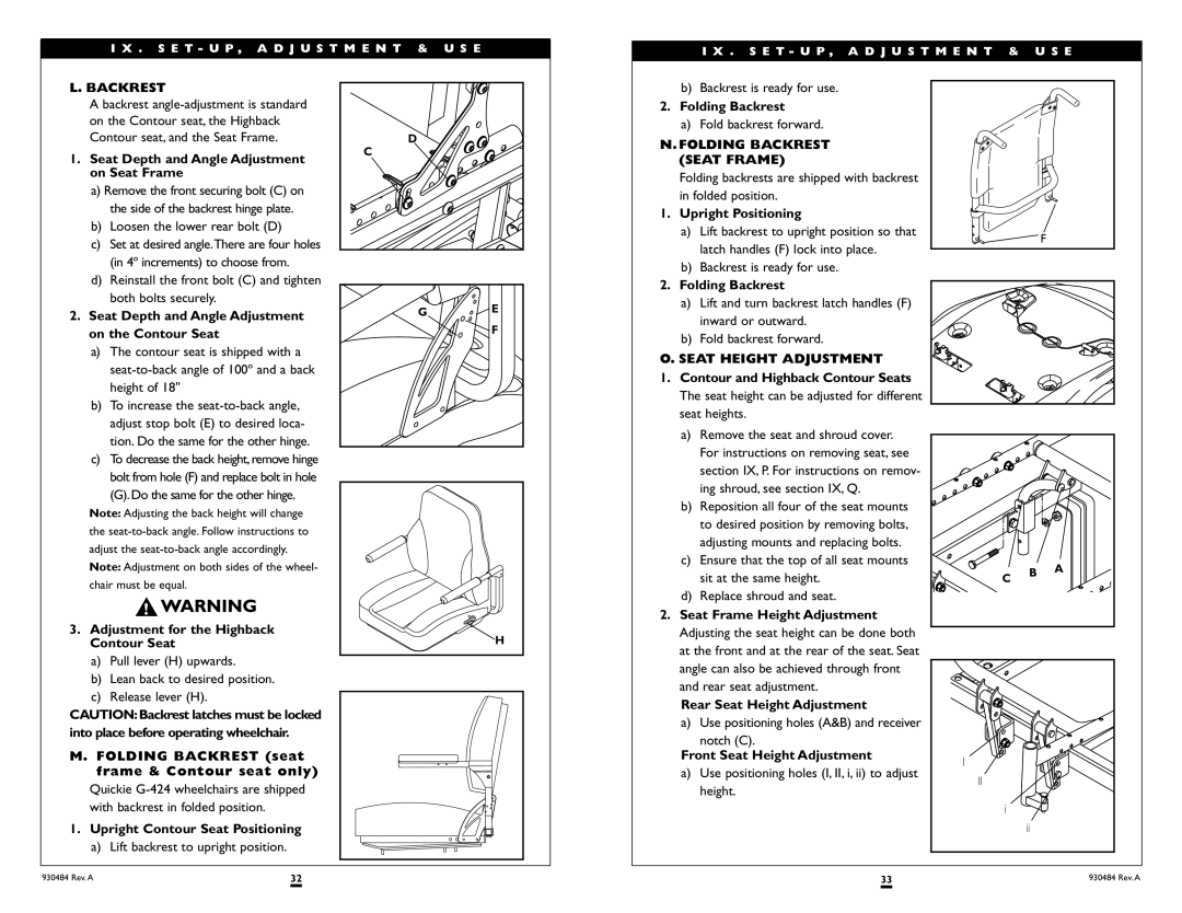 Sunrise Medical G-424 instruction manual Folding Backrest Seat Frame, Seat Height Adjustment 