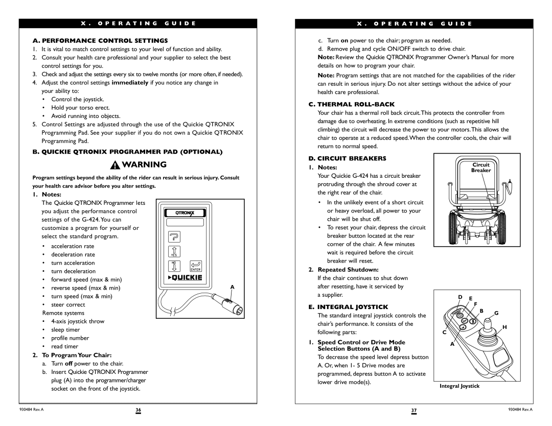 Sunrise Medical G-424 Performance Control Settings, Quickie Qtronix Programmer PAD Optional, Thermal ROLL-BACK 