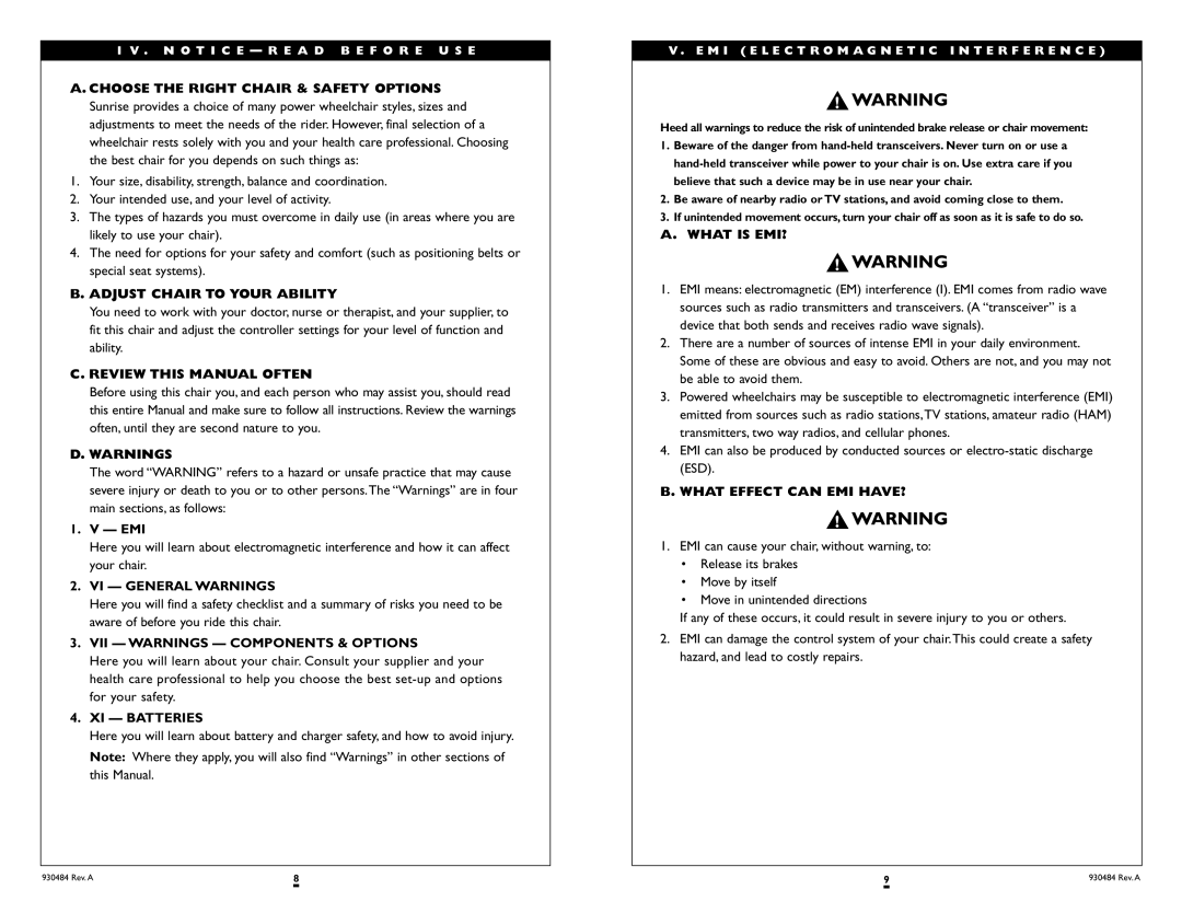 Sunrise Medical G-424 Choose the Right Chair & Safety Options, Adjust Chair to Your Ability, Review this Manual Often 