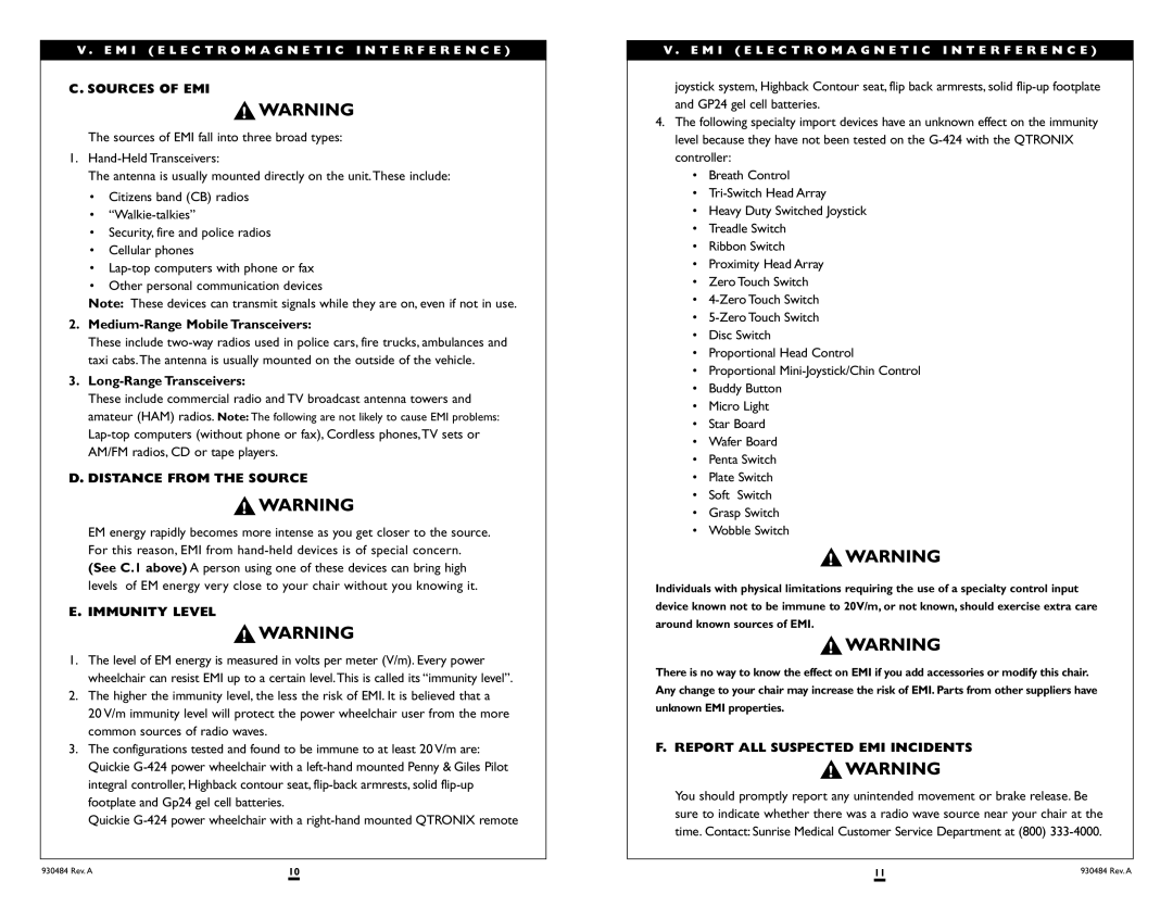 Sunrise Medical G-424 Sources of EMI, Distance from the Source, Immunity Level, Report ALL Suspected EMI Incidents 