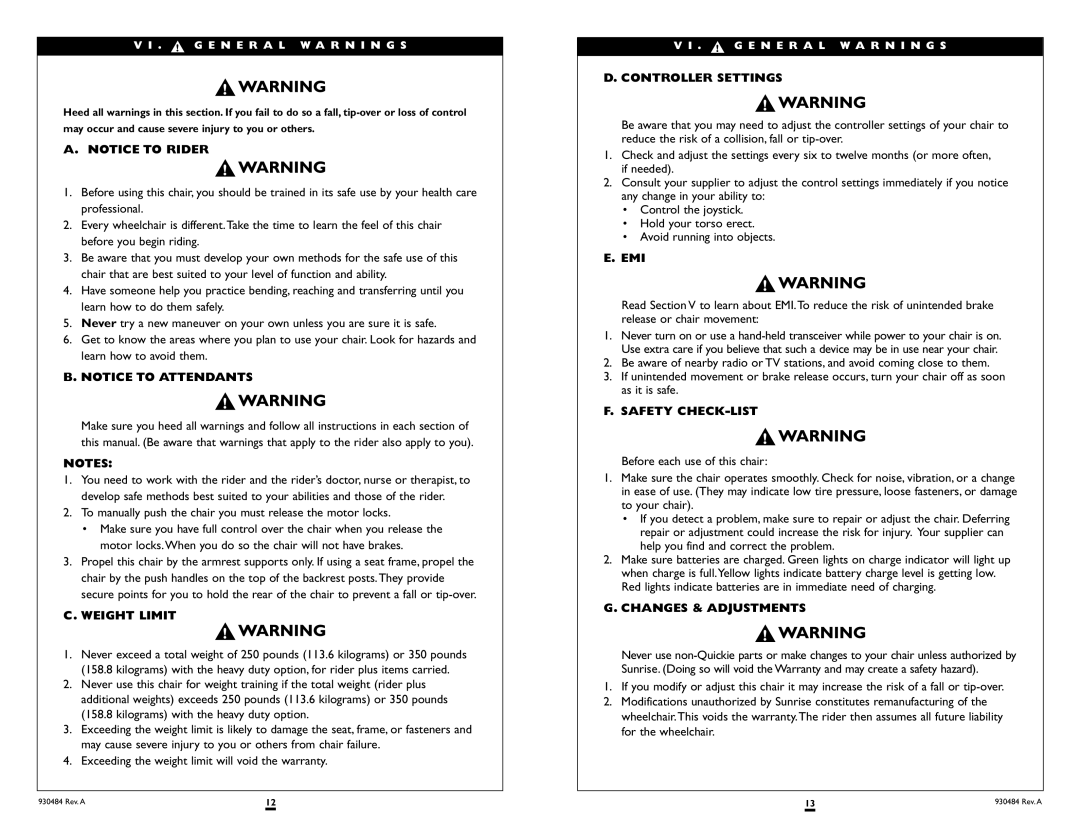 Sunrise Medical G-424 instruction manual Weight Limit, Controller Settings, Emi, Safety CHECK-LIST, Changes & Adjustments 