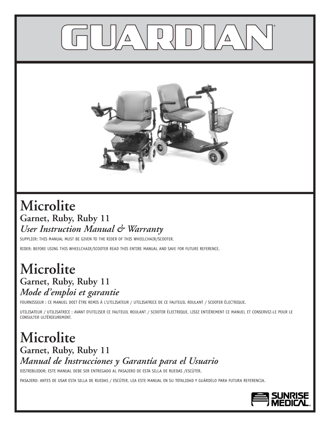 Sunrise Medical Garnet, Ruby 11 instruction manual Microlite 