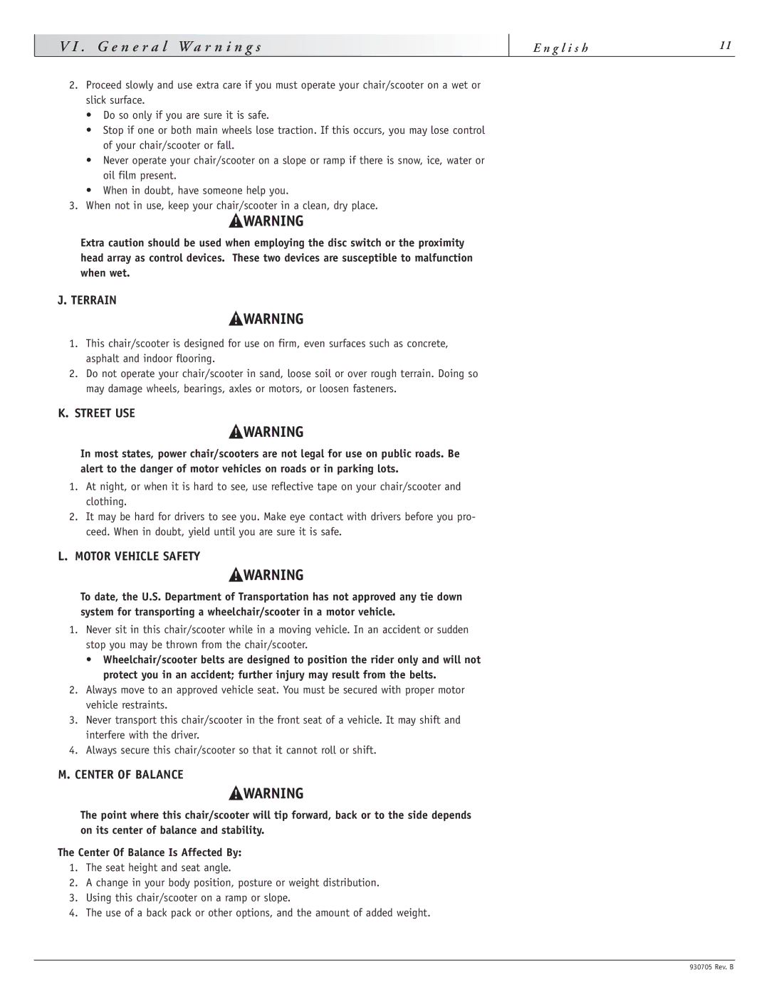 Sunrise Medical Ruby 11, Garnet instruction manual Terrain, Street USE, Motor Vehicle Safety, Center of Balance 