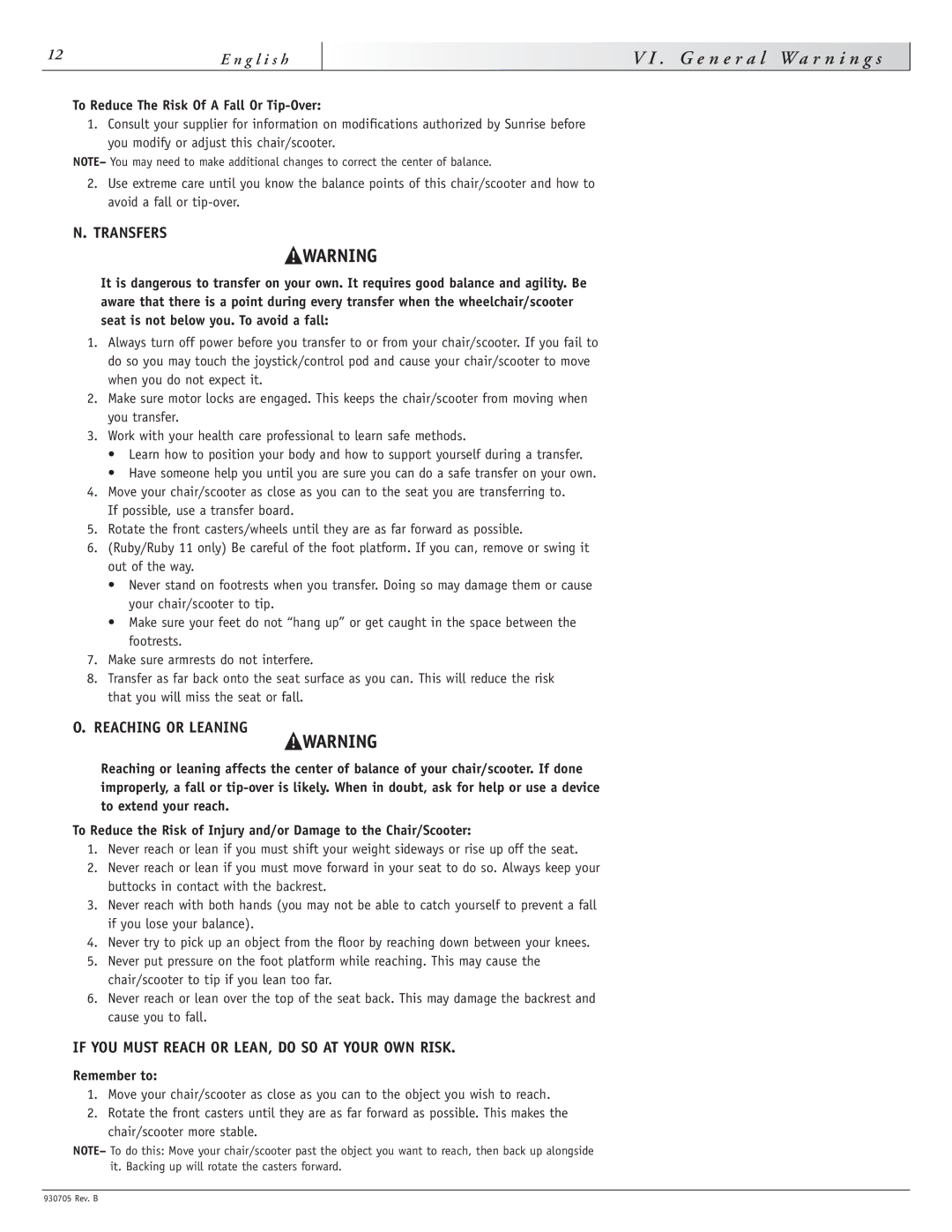 Sunrise Medical Garnet, Ruby 11 instruction manual G e n e r a l W a r n i n g s, Transfers, Reaching or Leaning 