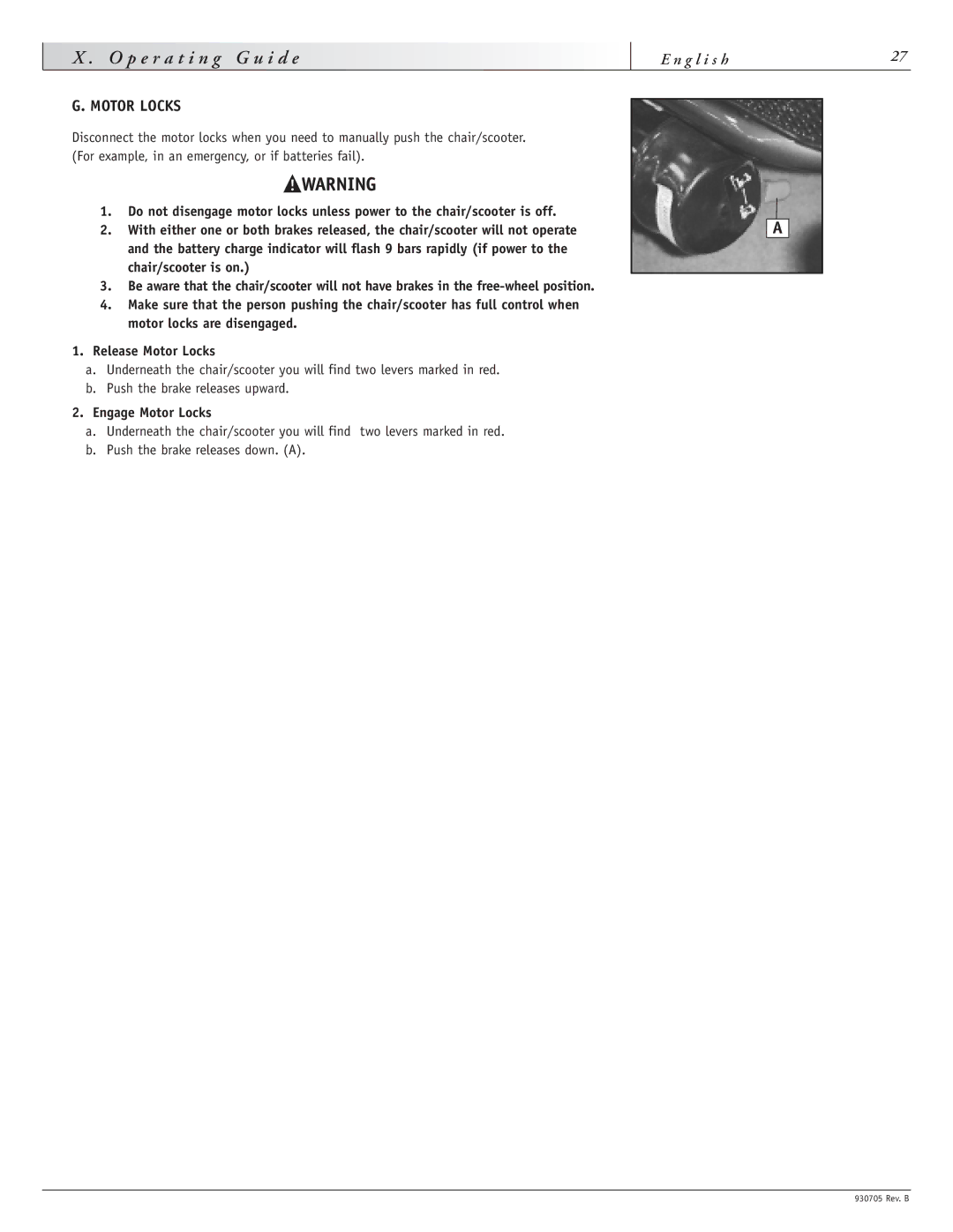 Sunrise Medical Garnet, Ruby 11 instruction manual Engage Motor Locks 