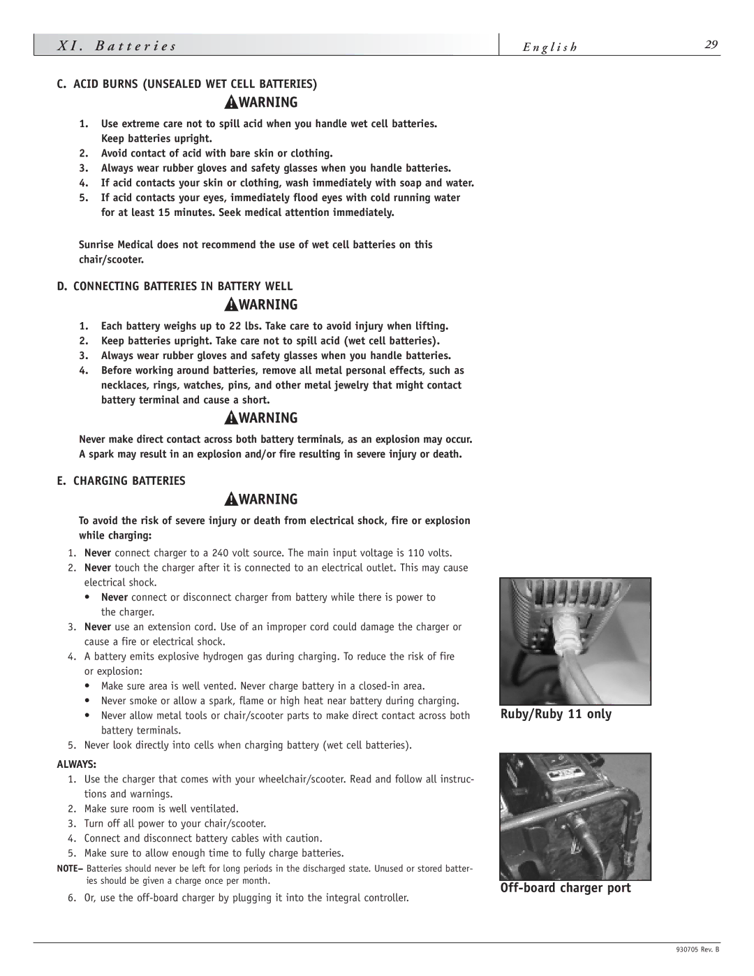 Sunrise Medical Ruby 11, Garnet instruction manual Connecting Batteries in Battery Well, Charging Batteries 