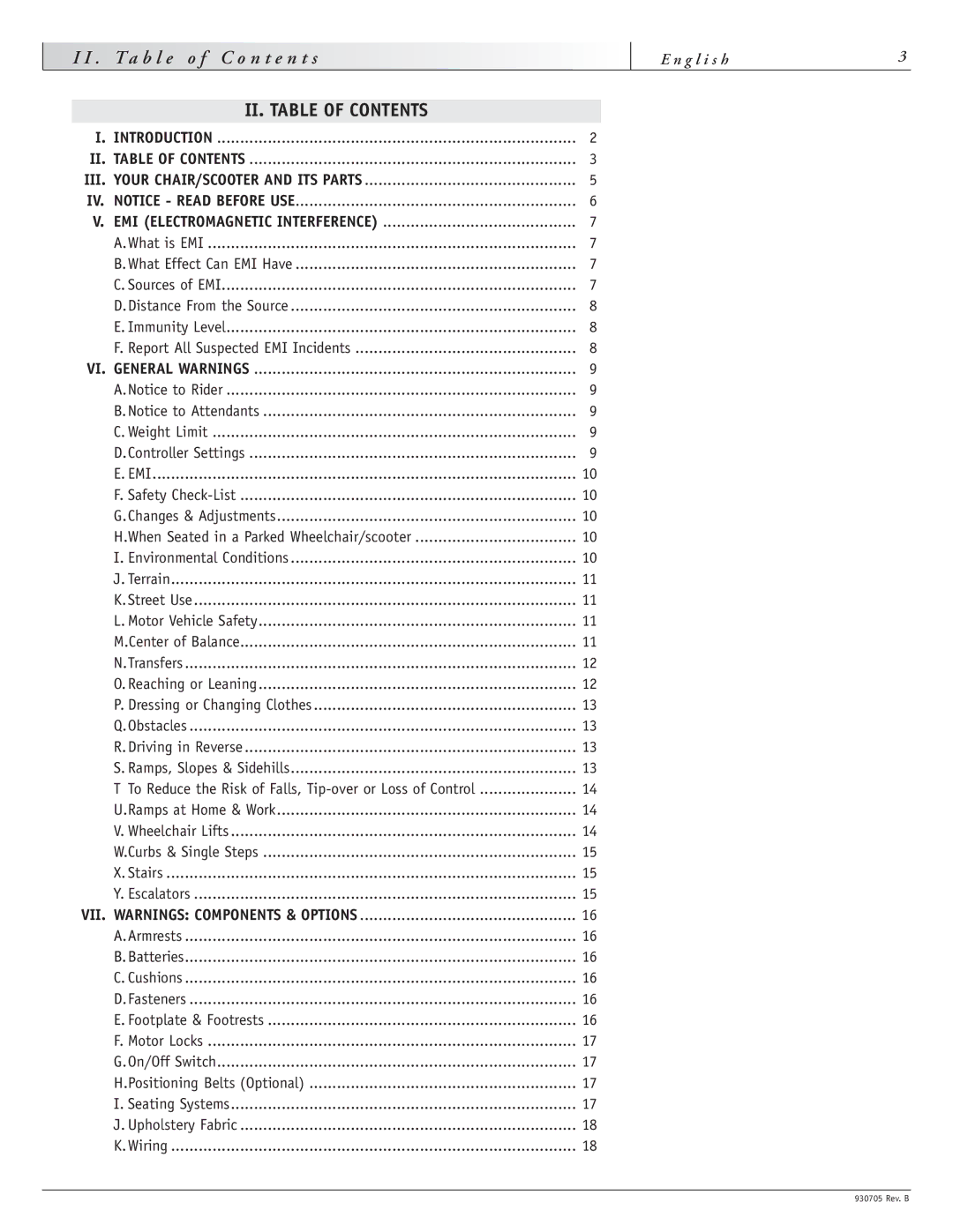 Sunrise Medical Garnet, Ruby 11 instruction manual II. Table of Contents 