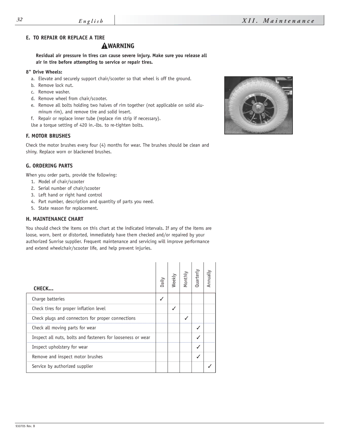 Sunrise Medical Ruby 11, Garnet To Repair or Replace a Tire, Motor Brushes, Ordering Parts, Maintenance Chart, Check 