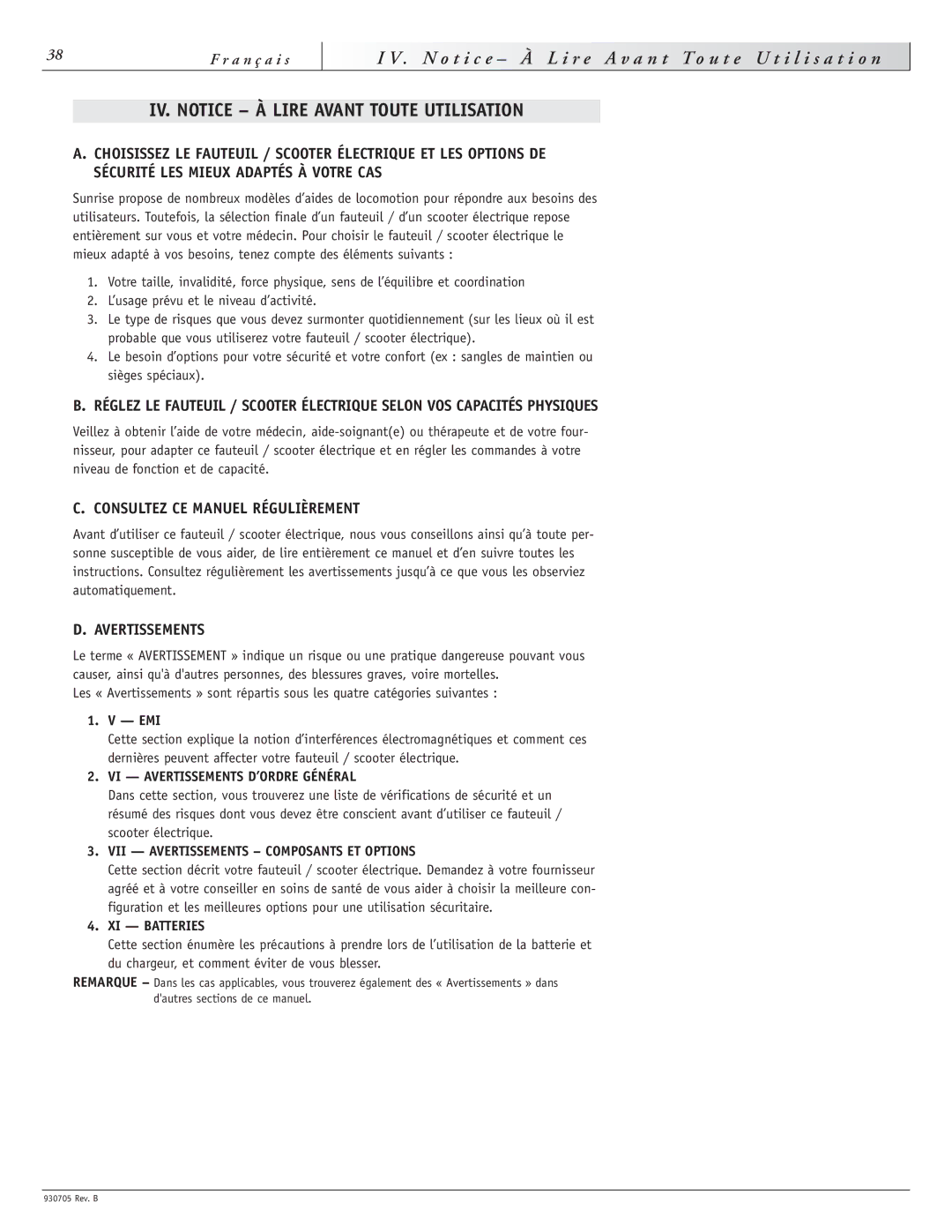 Sunrise Medical Ruby 11 A n t T o u t e U t i l i s a t i o n, IV. Notice À Lire Avant Toute Utilisation, Avertissements 