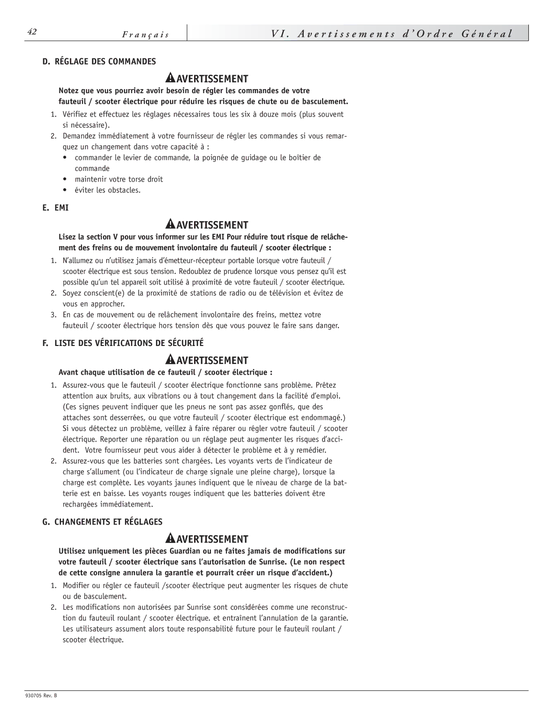 Sunrise Medical Garnet, Ruby 11 instruction manual Liste DES Vérifications DE Sécurité, Changements ET Réglages 