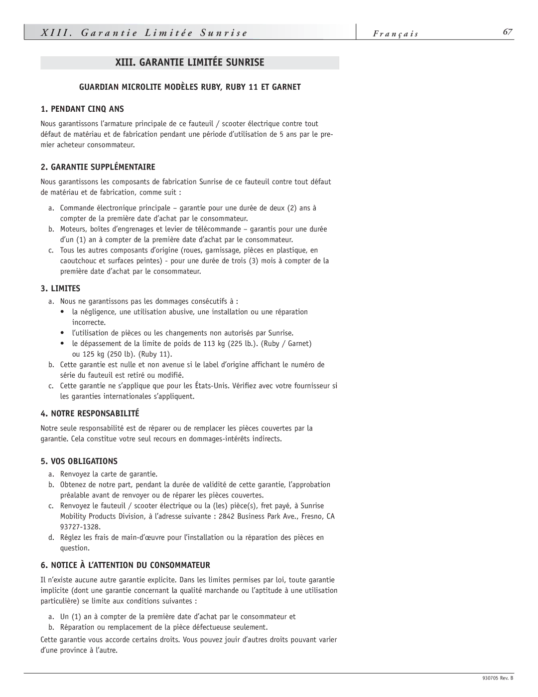 Sunrise Medical Ruby, Garnet XIII. Garantie Limitée Sunrise, Garantie Supplémentaire, Limites, Notre Responsabilité 