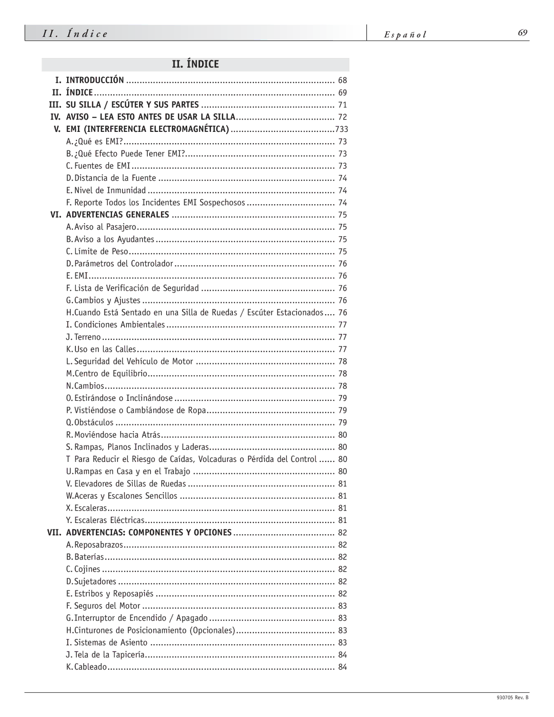 Sunrise Medical Garnet, Ruby 11 instruction manual II. Índice, VII. Advertencias Componentes Y Opciones 