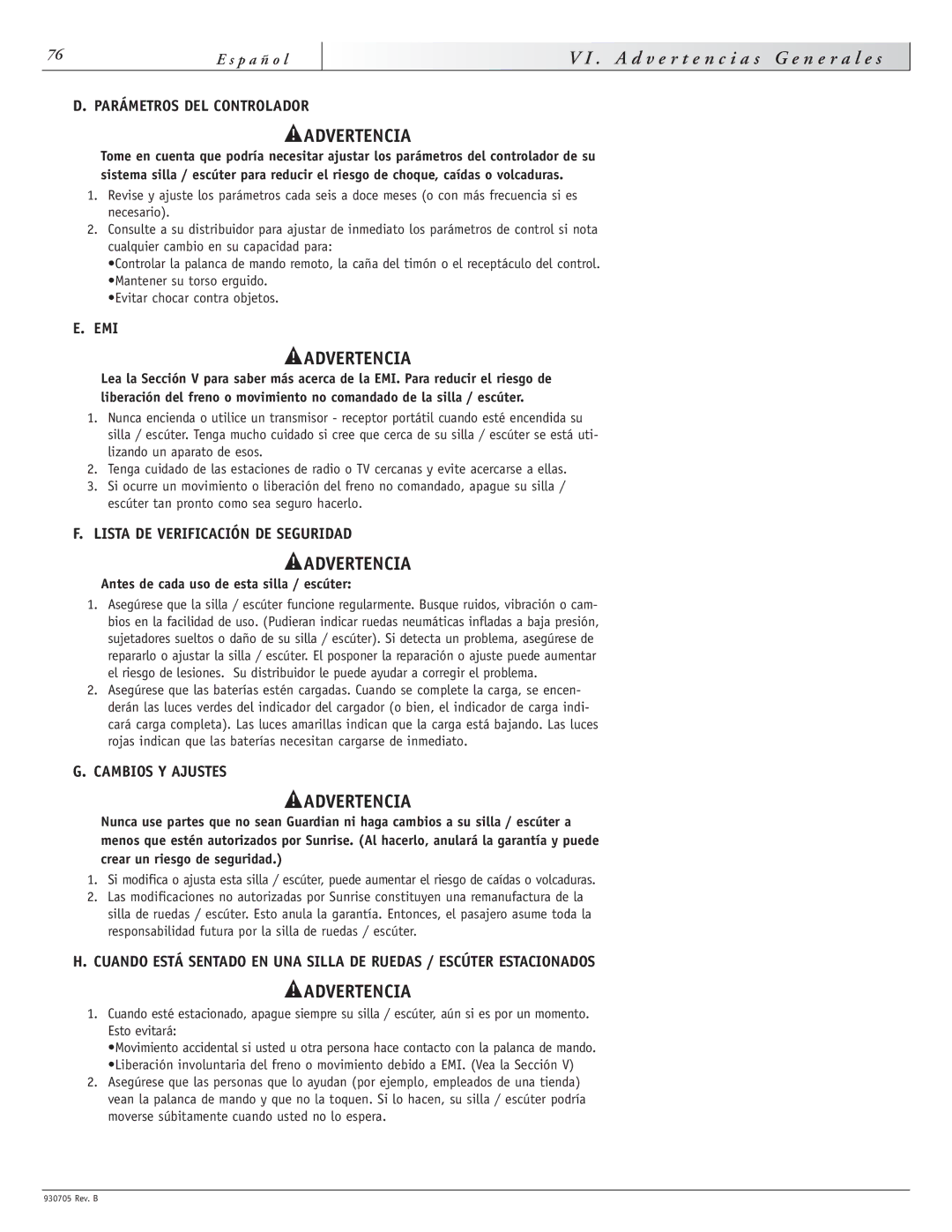 Sunrise Medical Ruby Lista DE Verificación DE Seguridad, Cambios Y Ajustes, Antes de cada uso de esta silla / escúter 