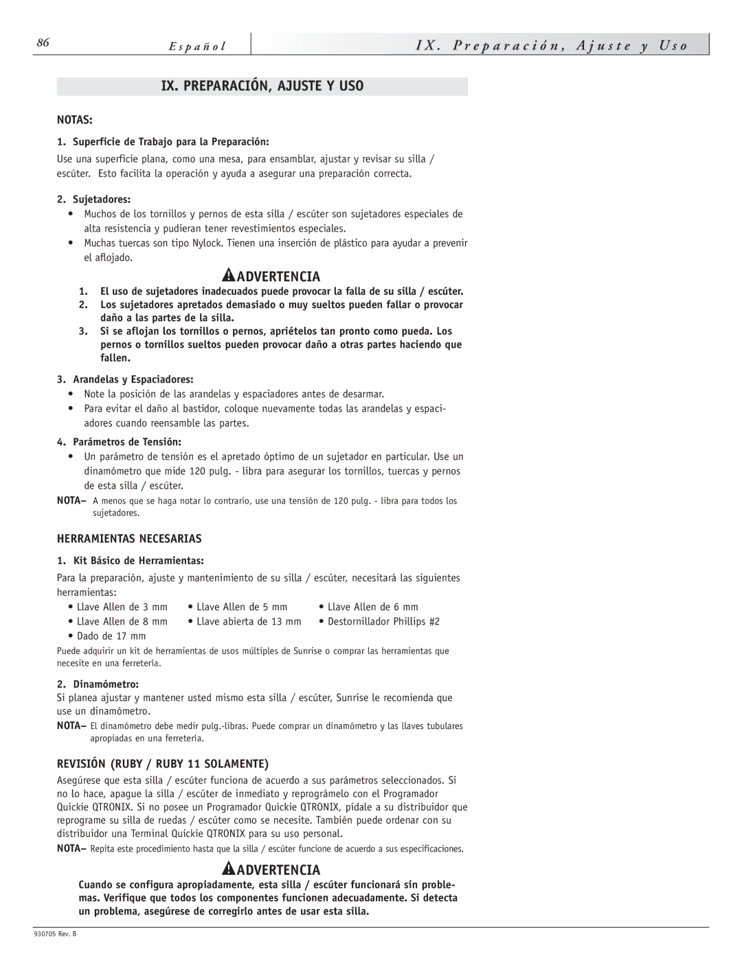 Sunrise Medical Ruby 11, Garnet P r e p a r a c i ó n , a j u s t e y U s o, IX. PREPARACIÓN, Ajuste Y USO, Notas 