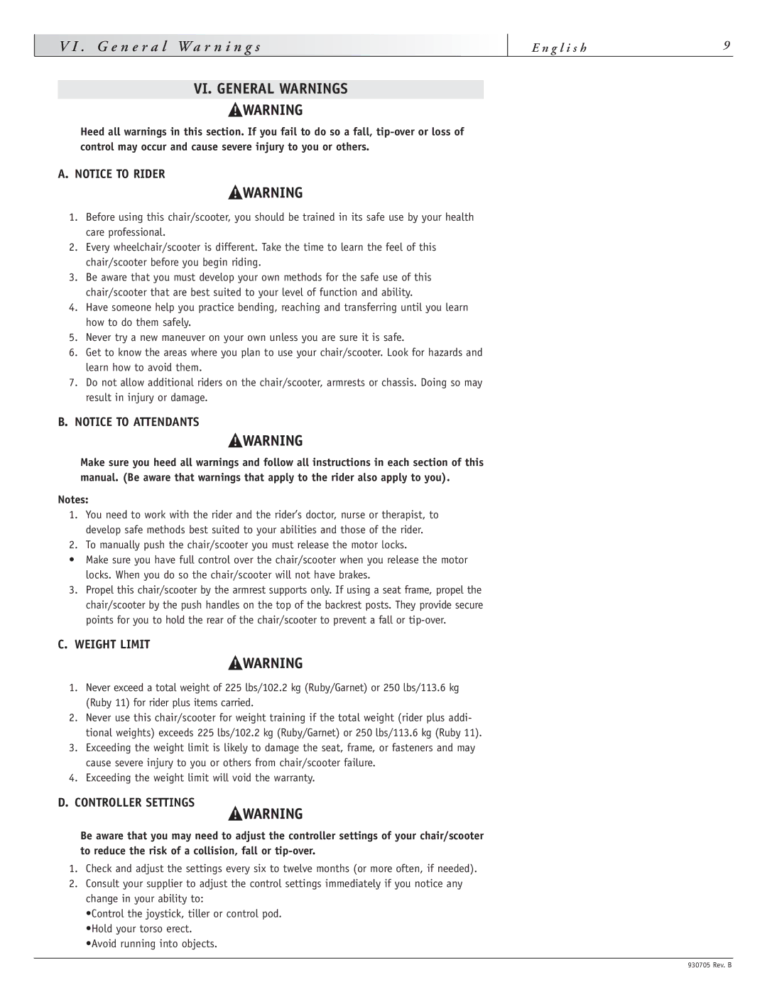 Sunrise Medical Garnet, Ruby 11 instruction manual Weight Limit, Controller Settings 