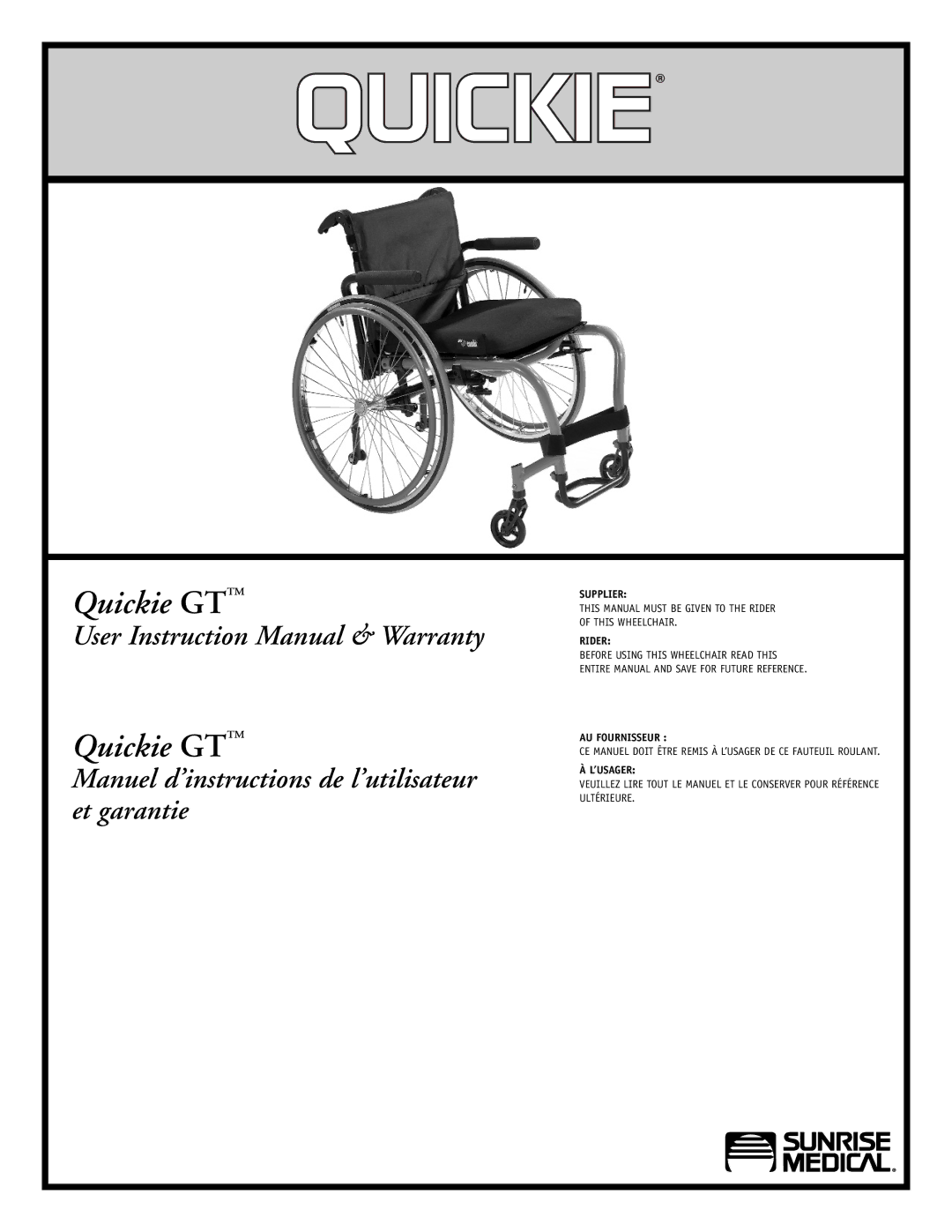 Sunrise Medical instruction manual Quickie GT 