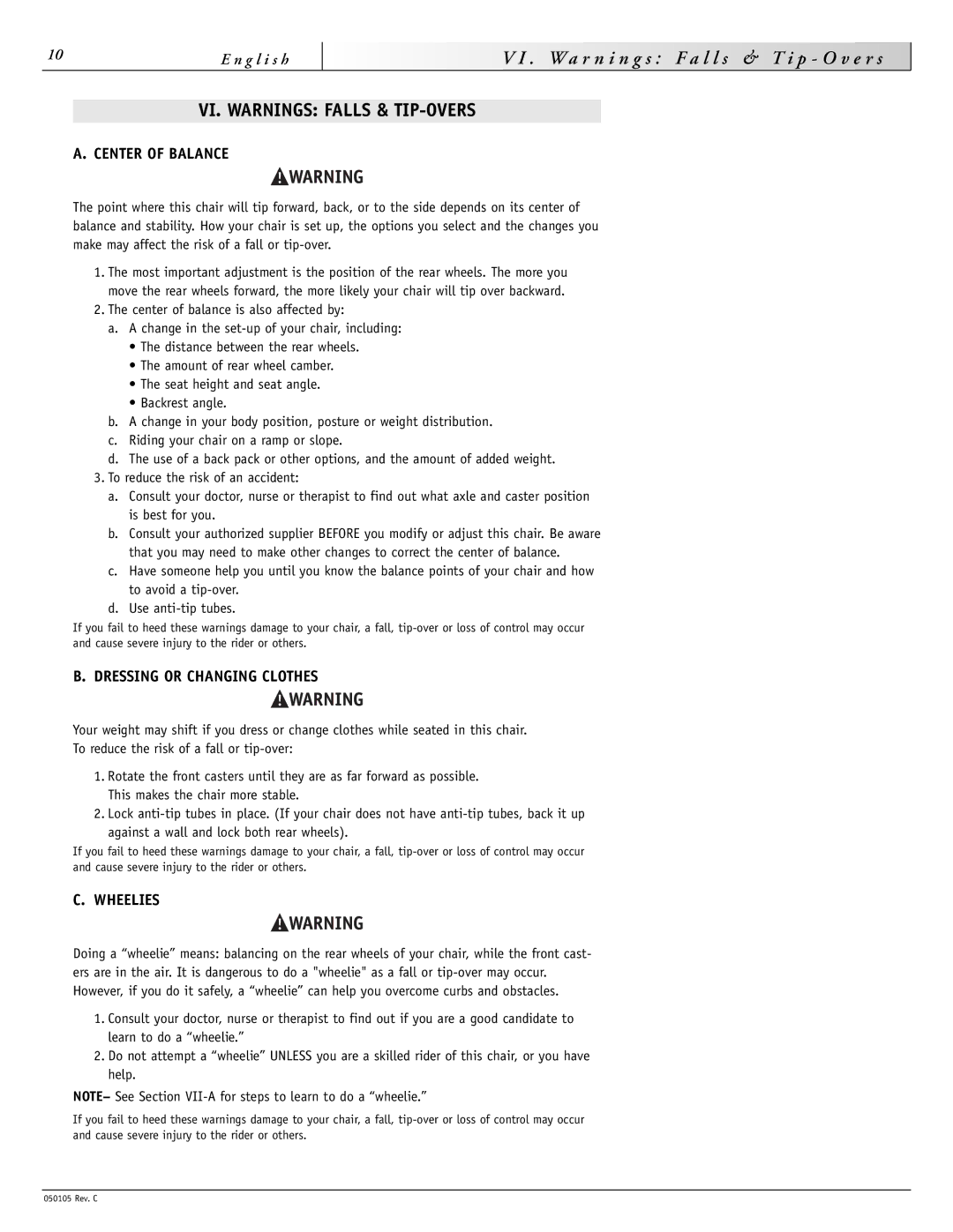 Sunrise Medical GT W a r n i n g s F a l l s & T i p O v e r s, VI. Warnings Falls & TIP-OVERS, Center of Balance 