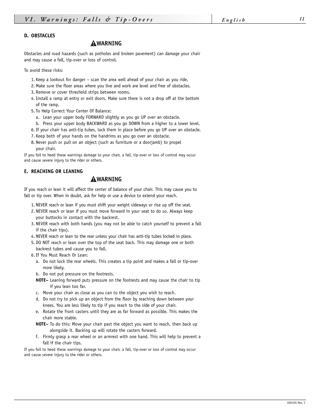 Sunrise Medical GT instruction manual R s, Reaching or Leaning 